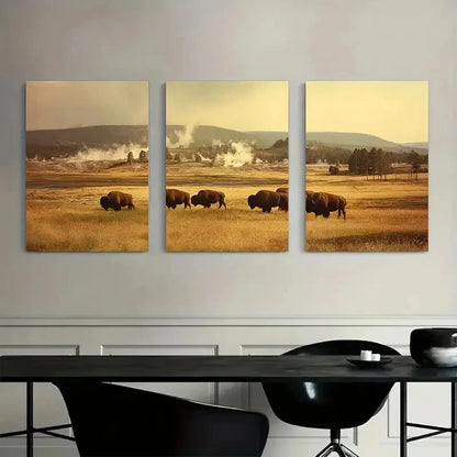 3pcs Vintage Bison Herd Grazing in Landscape Metal Print Ready to Hang Art