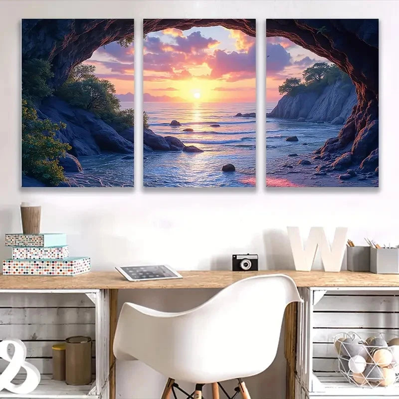 3pcs Meili Cave Seascape Sunset Triptych Wall Art Set Canvas Framed 60x90cm - High Quality Print 100% Australian Made Wall Canvas Ready to Hang