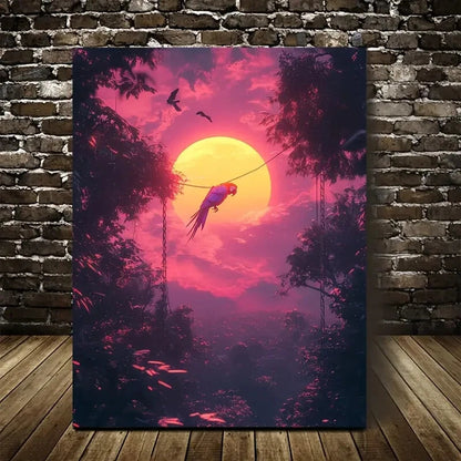 Parrot Swinging From Trees Under Glowing Painting 40x60cm Metal Print Ready to Han