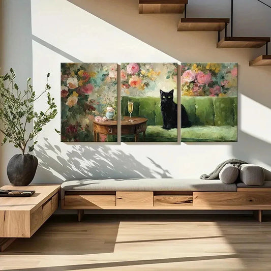 3pcs Black Cat Floral Background Champagne Metal Print Ready to Hang Art