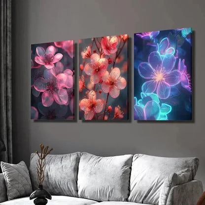 3pcs Pink & Purple Flowers on Dark Background  Wall Art Set Canvas Unframed - High Quality Print 100% Australian Made Wall Canvas