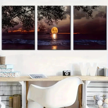 3pcs Moon Over the Sea Landscape Poster Art Metal Print Ready to Hang Art