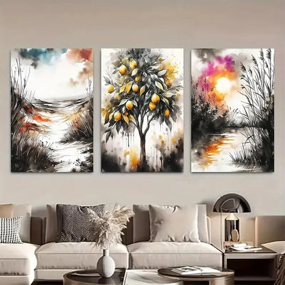 3pcs Abstract Lemon Tree Boho Nature Landscape Metal Print Ready to Hang Art