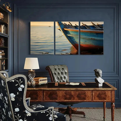 3pcs Blue Wooden Boat Sunset Reflection Water SceneMetal Print Ready to Hang Art