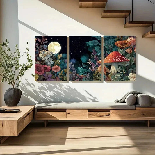3pcs Enchanting Floral Fantasy with Red Mushroom Metal Print Ready to Hang Art