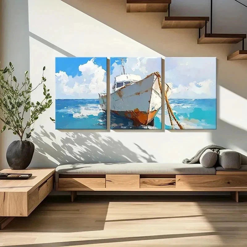 3pcs Nautical Ship Sailing in Sea Retro Wall Art Set Canvas Framed 40x60cm - High Quality Print 100% Australian Made Wall Canvas Ready to Hang