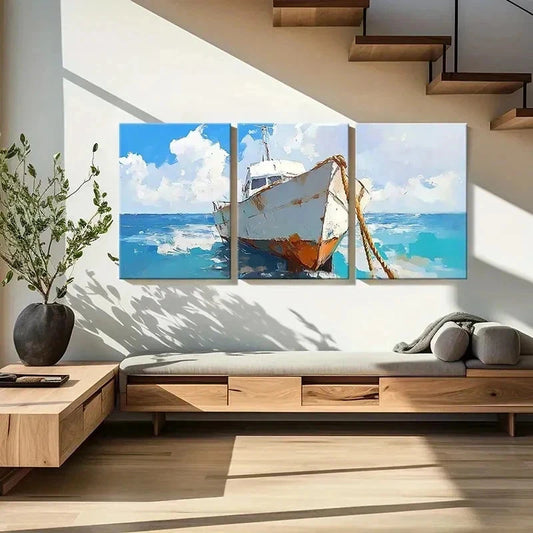 3pcs Nautical Ship Sailing in Sea Retro Wall Art Set Canvas Framed 40x60cm - High Quality Print 100% Australian Made Wall Canvas Ready to Hang