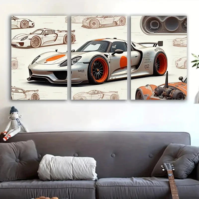 3pcs White And Orange Racing Car Illustrations Wall Art Set Canvas Framed 50x70cm - High Quality Print 100% Australian Made Wall Canvas Ready to Hang