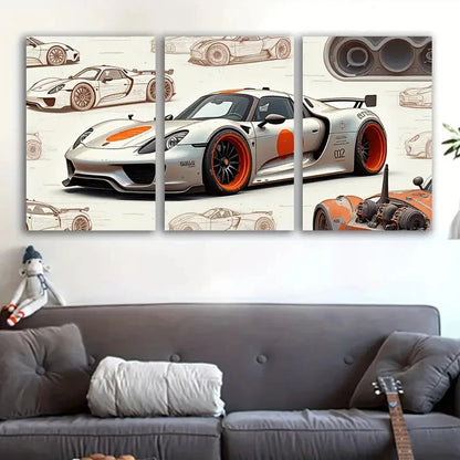 3pcs White And Orange Racing Car Illustrations Wall Art Set Canvas Framed 50x70cm - High Quality Print 100% Australian Made Wall Canvas Ready to Hang