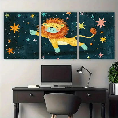 3pcs Little Lion Dancing Nursery Design Wall Art Set Canvas Framed 60x90cm - High Quality Print 100% Australian Made Wall Canvas Ready to Hang
