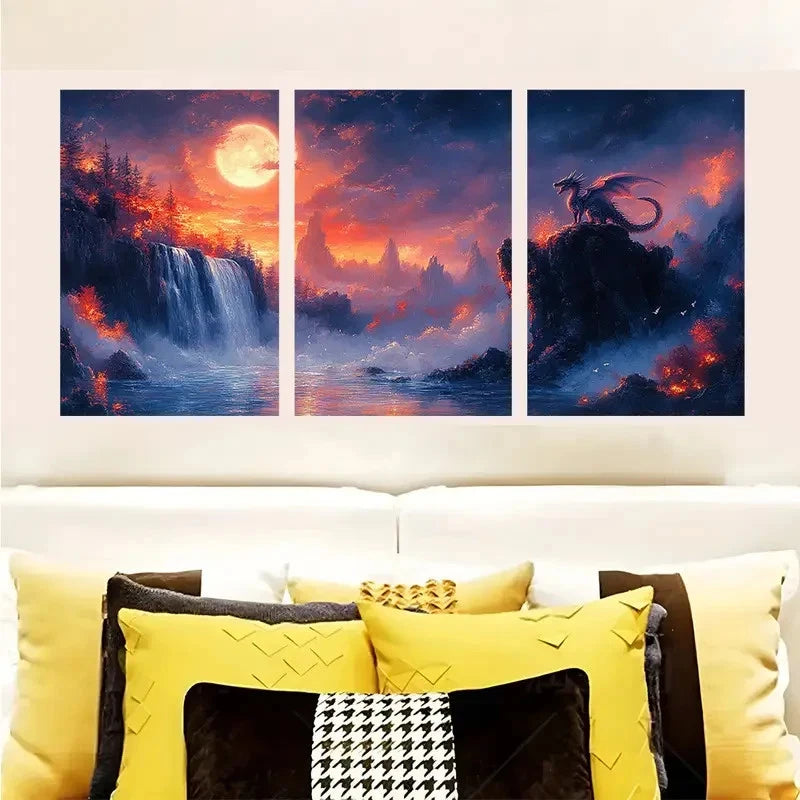 3pcs Dragon Watches Waterfall Under Fiery Moon Wall Art Set Canvas Framed 50x70cm - High Quality Print 100% Australian Made Wall Canvas Ready to Hang