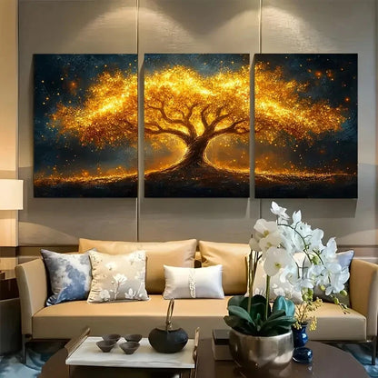 3pcs Radiant Nature Inspired Golden Tree of Life Metal Print Ready to Hang Art