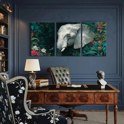 3pcs Jungle Theme with White Tusks Floral Metal Print Ready to Hang Art
