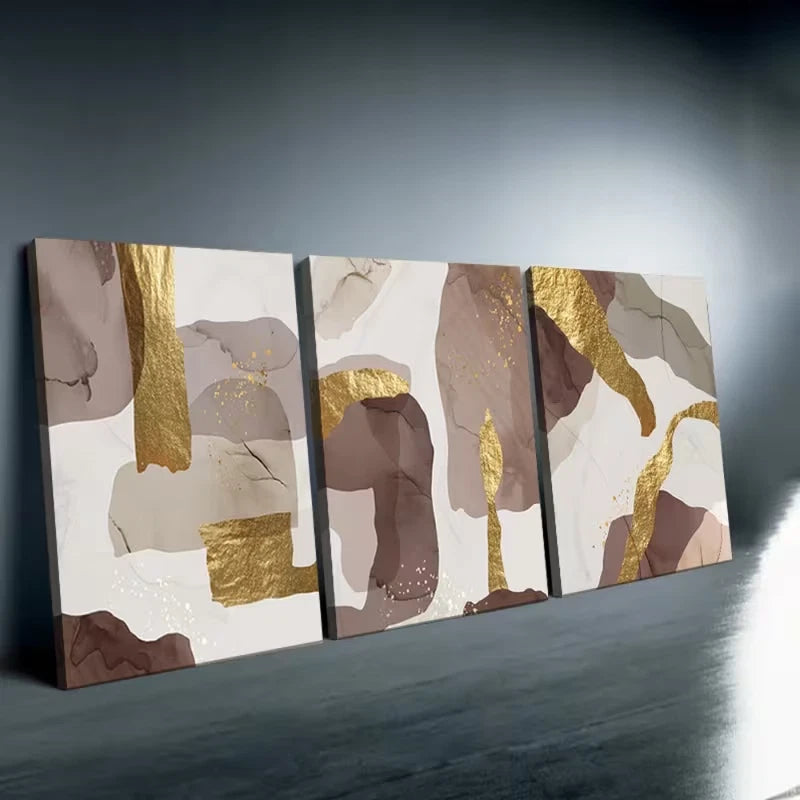 3pcs Abstract Brown And Golden Foil Wall Art Set Canvas Framed 60x90cm - High Quality Print 100% Australian Made Wall Canvas Ready to Hang