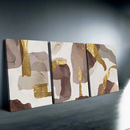 3pcs Abstract Brown And Golden Foil Wall Art Set Canvas Framed 60x90cm - High Quality Print 100% Australian Made Wall Canvas Ready to Hang