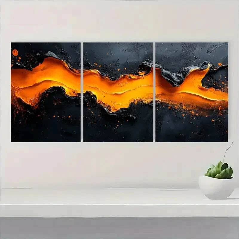 3pcs Black and Orange Acrylic Painting Metal Print Ready to Hang Art