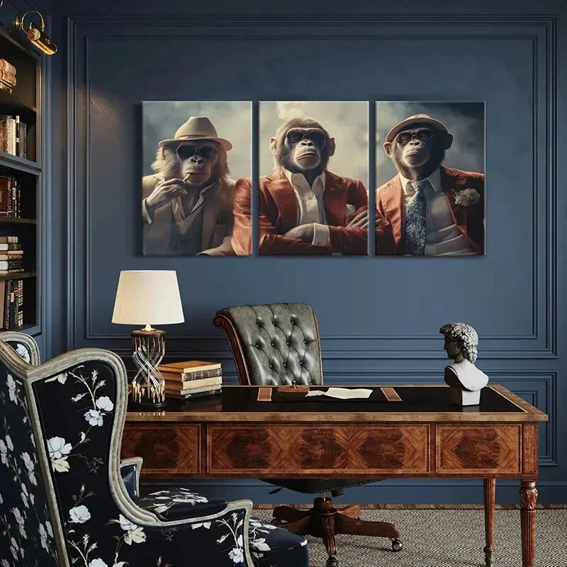 3pcs Stylish Monkeys in Suits Fashion Glasses Metal Print Ready to Hang Art