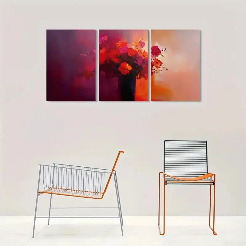 3pcs Abstract Red Floral Painting Metal Print Ready to Hang Art
