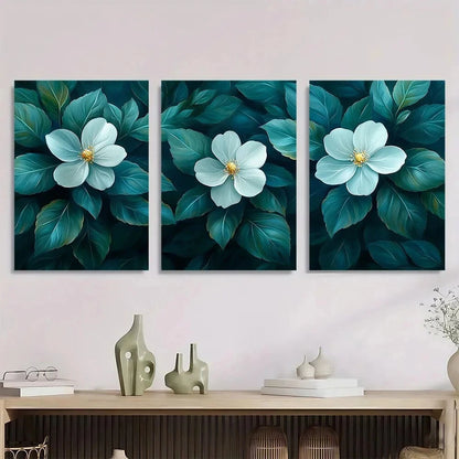 3pcs Sage Green Leaves & White Flowers Metal Print Ready to Hang Art