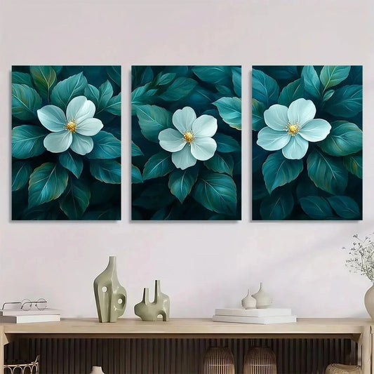 3pcs Sage Green Leaves & White Flowers Metal Print Ready to Hang Art