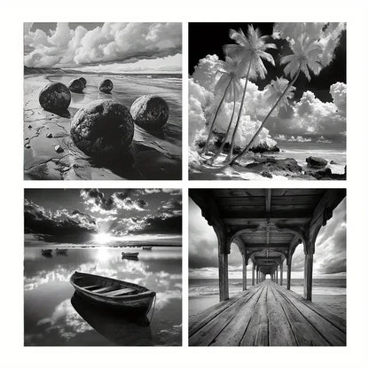 4pcs  Palm Tree Art Prints, Wooden Boat Canvas Wall Art Canvas Framed