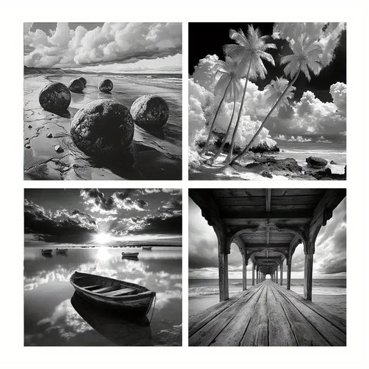 4pcs  Palm Tree Art Prints, Wooden Boat Canvas Wall Art Canvas Framed