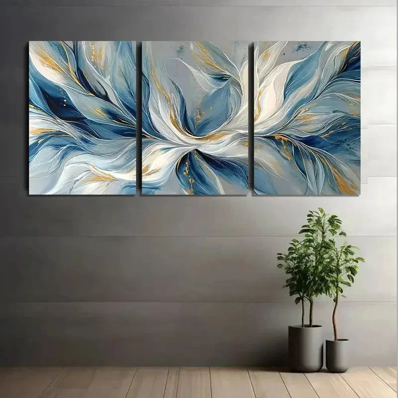 3pcs White and Blue Leaves Flowing Abstract Metal Print Ready to Hang Art