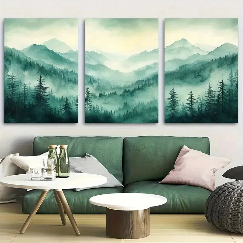 3pcs Emerald Green Landscape Watercolor Metal Print Ready to Hang Art