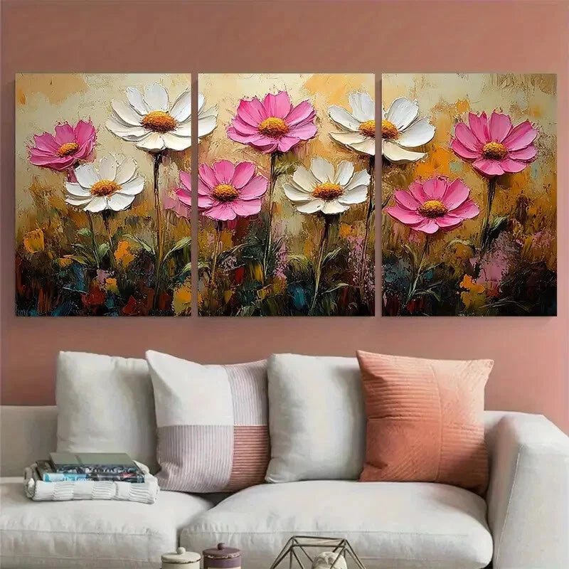 3pcs White Daisies Pink Flowers Textured Floral Metal Print Ready to Hang Art