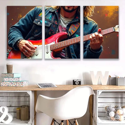 3pcs Long Hair Men Play Painting Wall Art Set Canvas Framed 50x70cm - High Quality Print 100% Australian Made Wall Canvas Ready to Hang