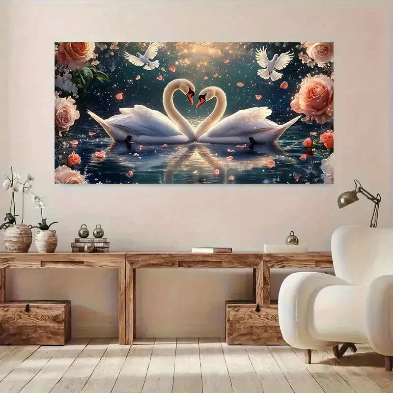 Abstract Blue White Swan wall canvas office home room framed 120x60cm - Bella Home Decor