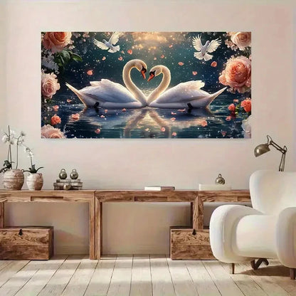 Abstract Blue White Swan wall canvas office home room framed 120x60cm - Bella Home Decor