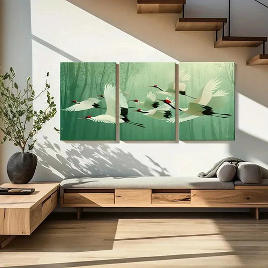 3pcs Elegant White Crane Zen Forest Scene Metal Print Ready to Hang Art