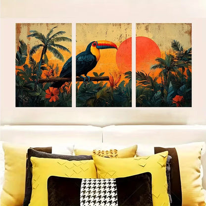 3pcs Tropical Toucan with Sunset Metal Print Ready to Hang Art