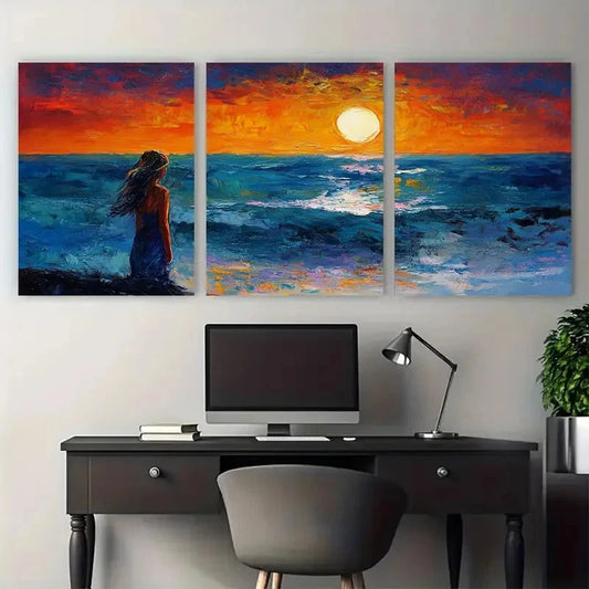 3pcs Girl Beach Night Seascape Design Wall Art Set Canvas Framed 40x60cm - High Quality Print 100% Australian Made Wall Canvas Ready to Hang