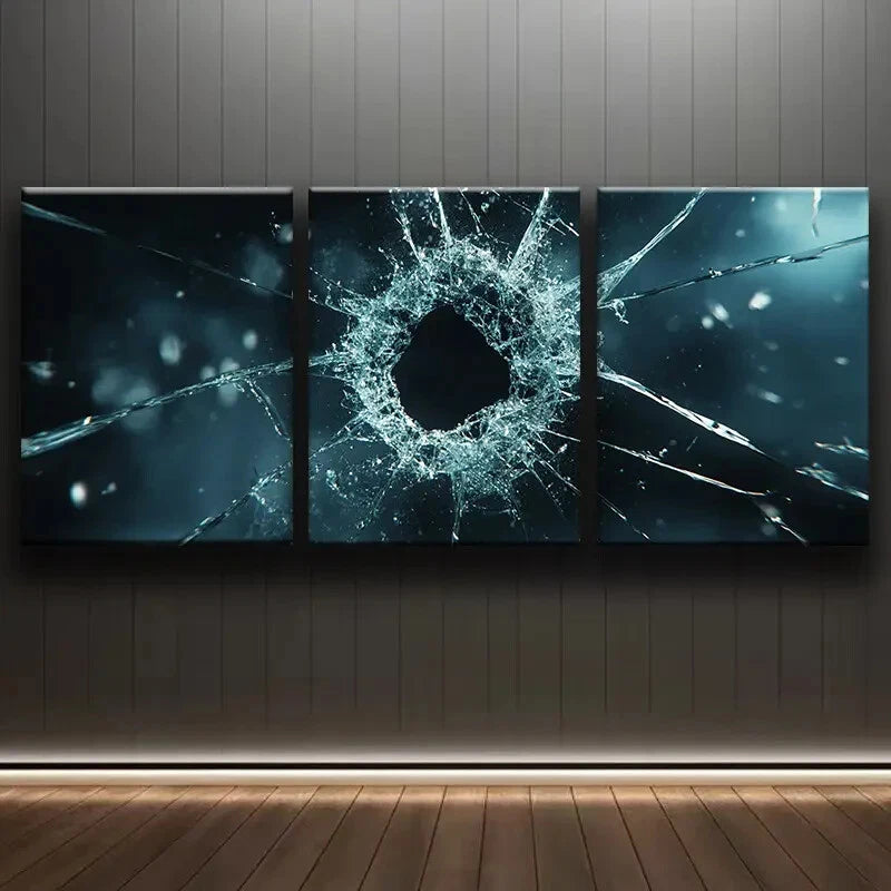 3pcs Shattered Glass Design Blue Metal Print Ready to Hang Art