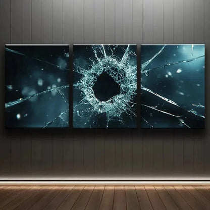 3pcs Shattered Glass Design Blue Metal Print Ready to Hang Art