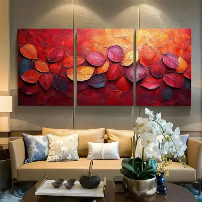 3pcs Abstract Fall Leaves Autumn Red Orange Metal Print Ready to Hang Art