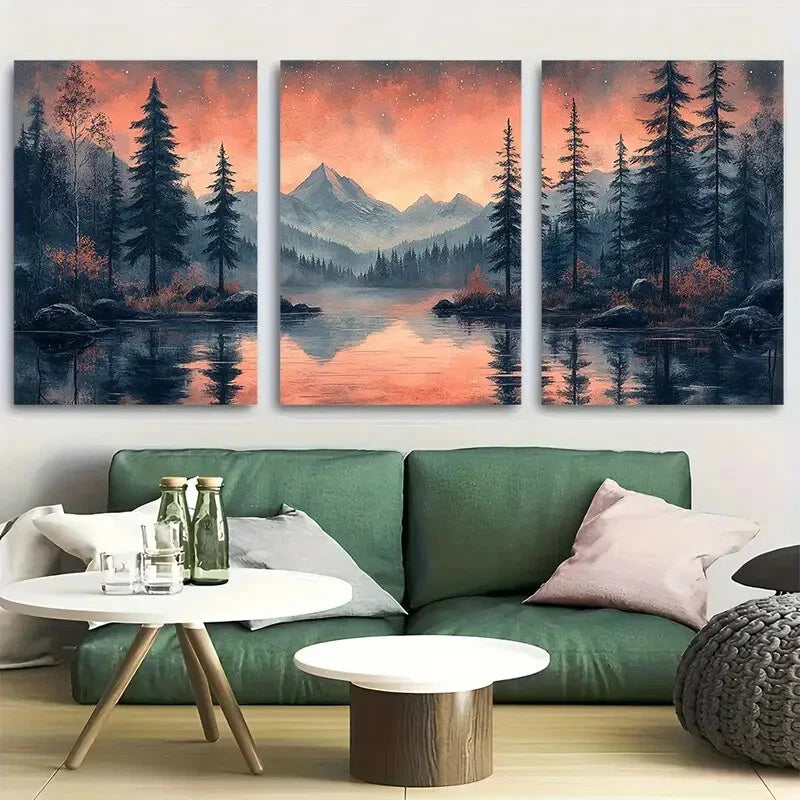 3pcs Mountain Landscape in Light Pink Hues Design Metal Print Ready to Hang Art