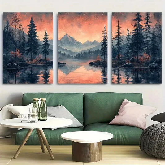 3pcs Mountain Landscape in Light Pink Hues Design Metal Print Ready to Hang Art