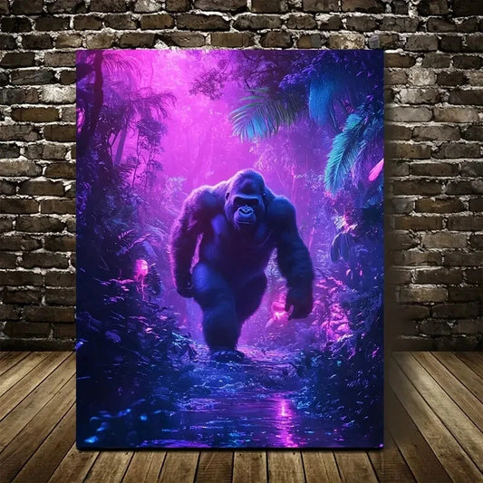 Cyberpunk Gorilla Ethereal Glow Forest Painting 40x60cm Metal Print Ready to Hang