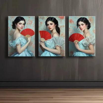 3pcs Elegant Girl with Red Fan Canvas Framed 60x90cm - High Quality Print 100% Australian Made Wall Canvas Ready to Hang