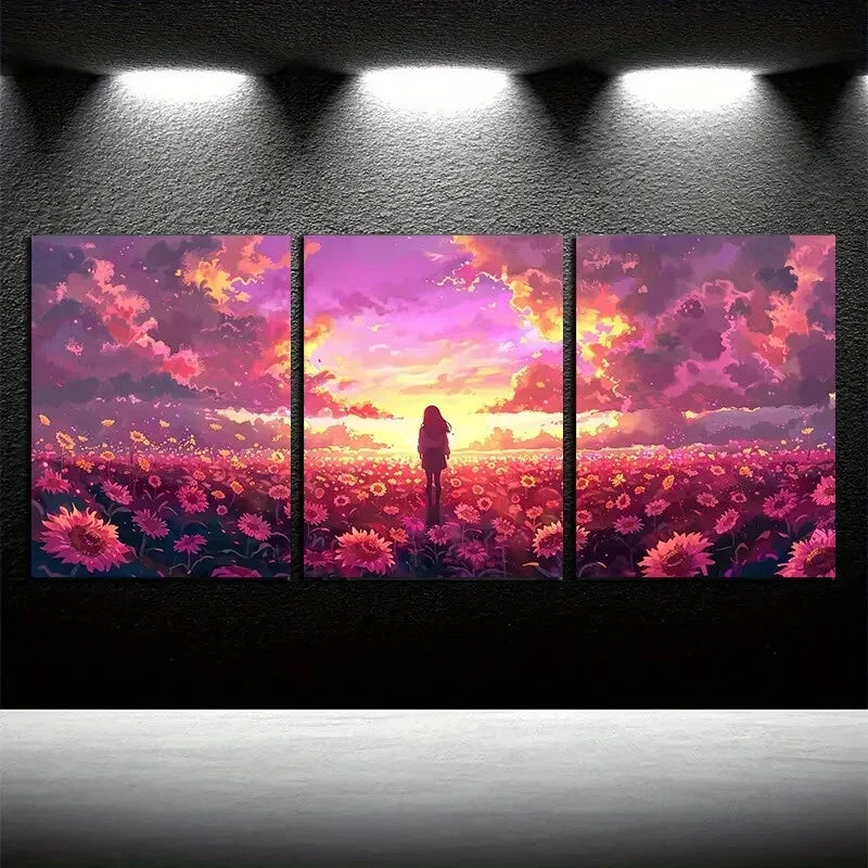 3pcs Enchanting Sunset with Girl in Floral Field Metal Print Ready to Hang Art