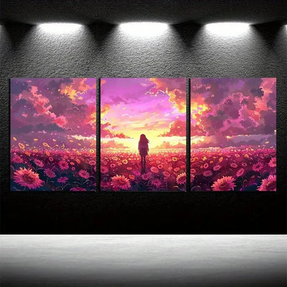 3pcs Enchanting Sunset with Girl in Floral Field Metal Print Ready to Hang Art