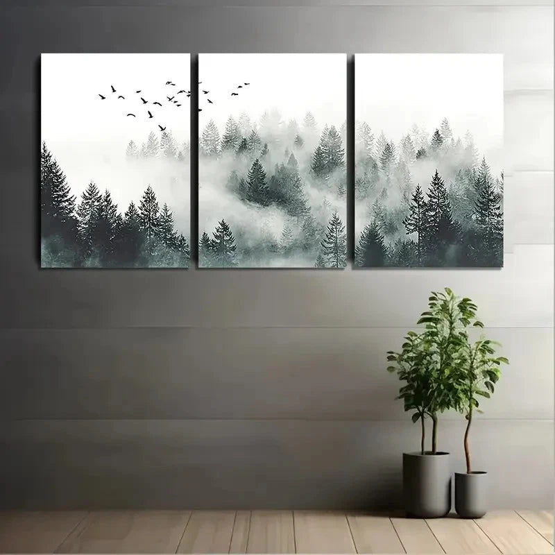 Three-panel wall art of a forest scene with trees and birds, displayed on a wall with two potted plants below.