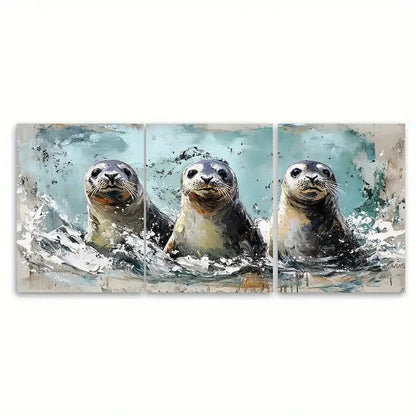 3pcs Seal Painting Sea Animal Illustration Wall Art Set Canvas Framed 40x60cm - High Quality Print 100% Australian Made Wall Canvas Ready to Hang