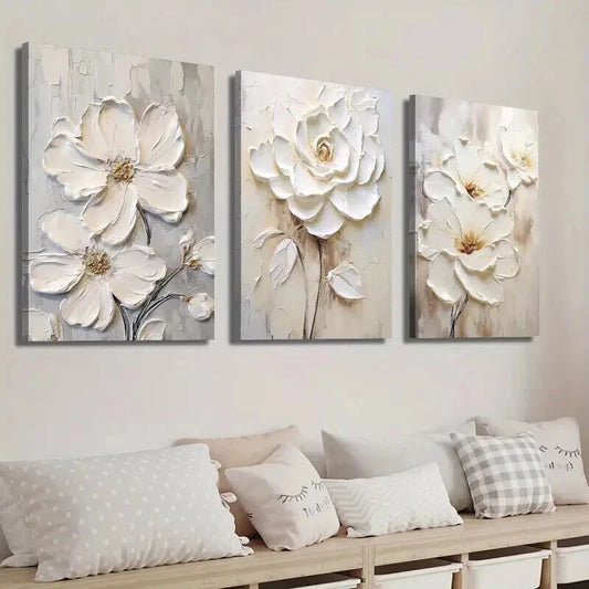 3pcs White Textured Flower Painting Wall Art Set Canvas Framed 40x60cm - High Quality Print 100% Australian Made Wall Canvas Ready to Hang