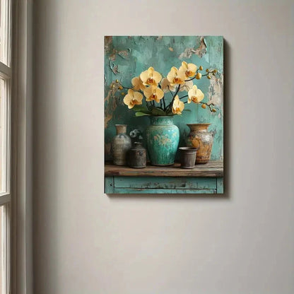 Beautiful Yellow Orchids In An Emerald Vase Painting 40x60cm Metal Print Ready to Hang
