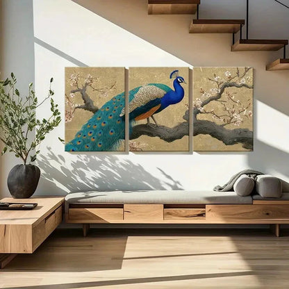 3pcs Peacock Art Blossom Branches Elegant Design Metal Print Ready to Hang Art