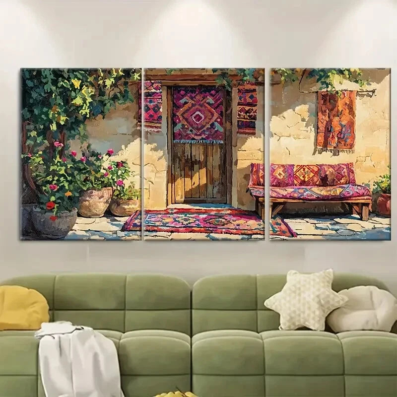 3pcs Kurdish Patio Traditional Kilim Rug Design Metal Print Ready to Hang Art